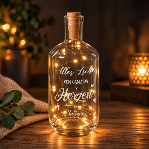 Flaschenlicht mit LED-Lichterkette und Gravur "Alles Liebe von ganzem Herzen"