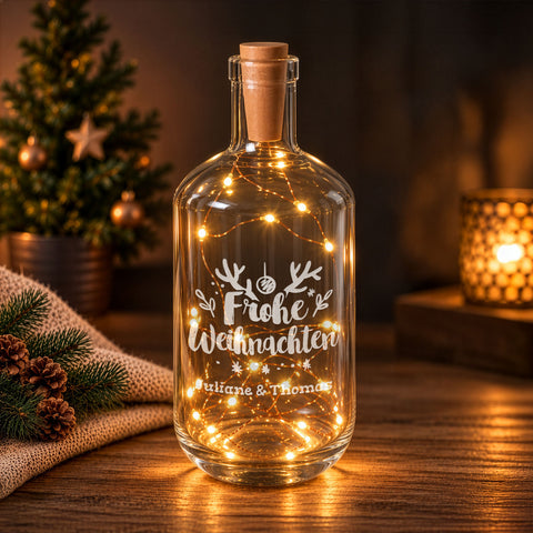Flaschenlicht mit LED-Lichterkette im Frohe Weihnachten Design - Personalisiert mit 2 Namen