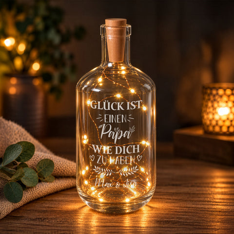 Flaschenlicht mit LED-Lichterkette und Gravur "Glück ist einen Papa wie dich zu haben"