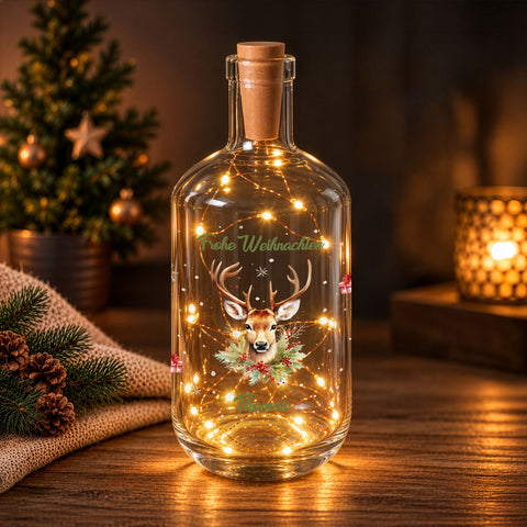 Flaschenlicht mit LED-Lichterkette und UV Druck - Hirsch Design - Personalisiert mit Name