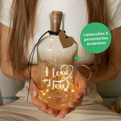 Flaschenlicht mit LED-Lichterkette und Gravur "I love you"