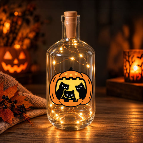 Flaschenlicht mit LED-Lichterkette im Halloween Kürbis Katzen UV Design