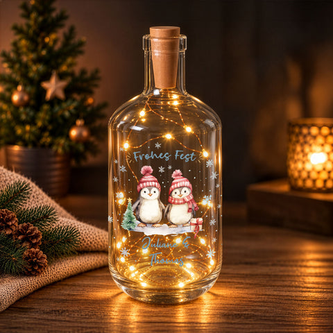 Flaschenlicht mit LED-Lichterkette und UV Druck - Pinguine Design - Personalisiert mit Name