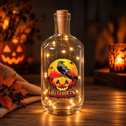 Flaschenlicht mit LED-Lichterkette im Halloween Rabe UV Design
