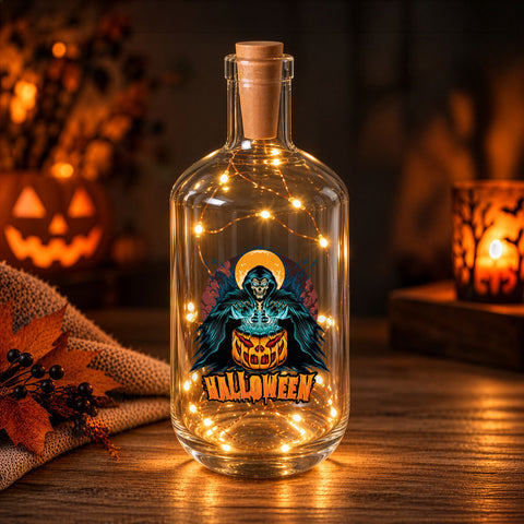 Flaschenlicht mit LED-Lichterkette im Halloween Reaper UV Design