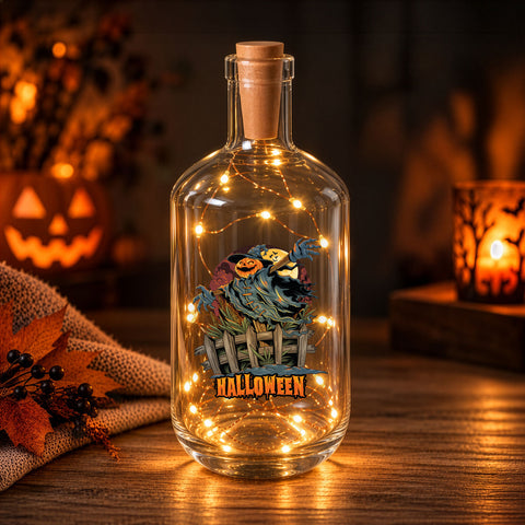 Flaschenlicht mit LED-Lichterkette im Halloween Vogelscheuche V2 UV Design