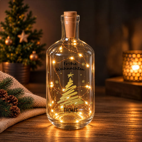 Flaschenlicht mit LED-Lichterkette und UV Druck - Weihnachtsbaum Gold Design - Personalisiert