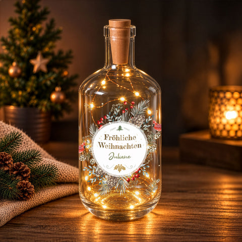 Flaschenlicht mit LED-Lichterkette und UV Druck - Weihnachtskreis Vögel Design - Personalisiert