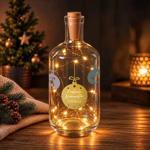 Flaschenlicht mit LED-Lichterkette und UV Druck - Weihnachtskugeln Design - Personalisiert mit Name