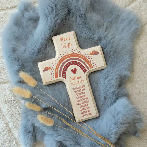 Personalisierbares Holzkreuz zur Taufe Konfirmation oder Kommunion - Regenbogen Design