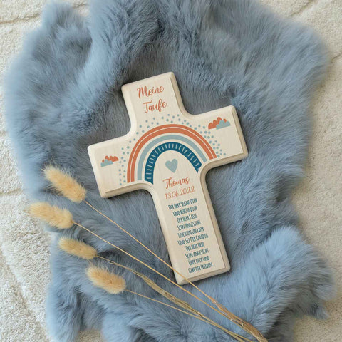 Personalisierbares Holzkreuz zur Taufe Konfirmation oder Kommunion - Regenbogen Design