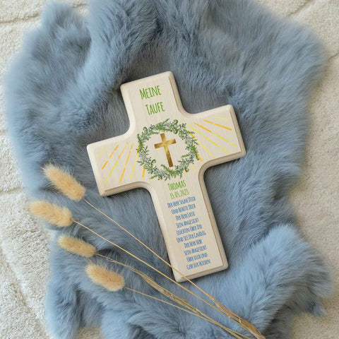 Personalisierbares Holzkreuz zur Taufe Konfirmation und Kommunion - Kranz Design