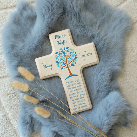 Personalisierbares Holzkreuz zur Taufe Konfirmation und Kommunion - Lebensbaum Design