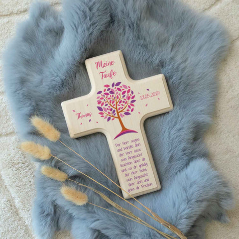 Personalisierbares Holzkreuz zur Taufe Konfirmation und Kommunion - Lebensbaum Design