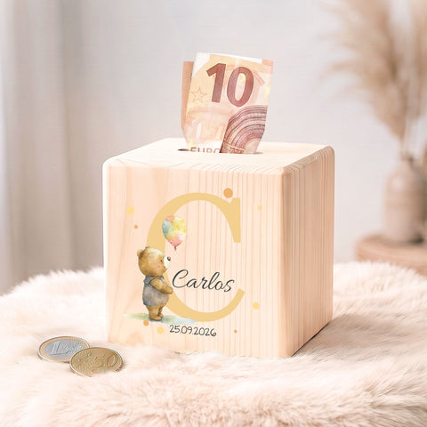 Spardose aus Holz - Tiermotive mit Monogramm