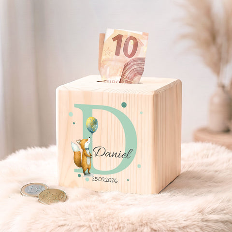 Spardose aus Holz - Tiermotive mit Monogramm