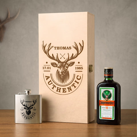 Flachmann aus Edelstahl Geschenkset - personalisiert mit Jägermeister im Set