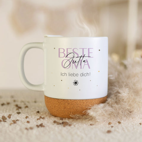 Bedruckte Tasse mit Korksockel & Deckel - Wunschtext V2