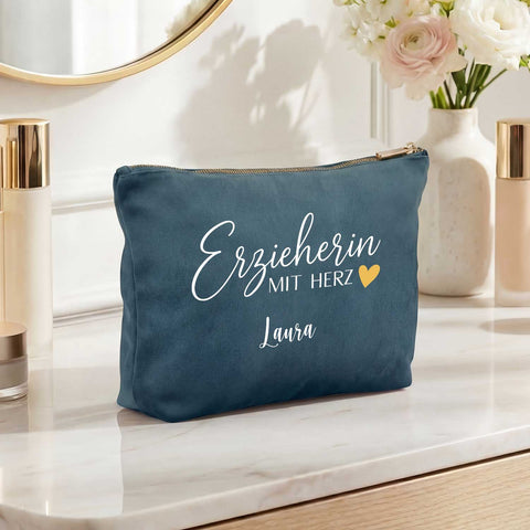 Personalisierte Samt Kosmetiktasche - Erzieherin mit Herz