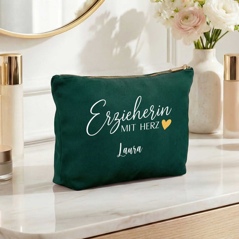 Personalisierte Samt Kosmetiktasche - Erzieherin mit Herz