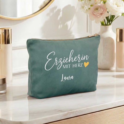 Personalisierte Samt Kosmetiktasche - Erzieherin mit Herz