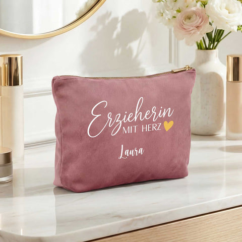Personalisierte Samt Kosmetiktasche - Erzieherin mit Herz