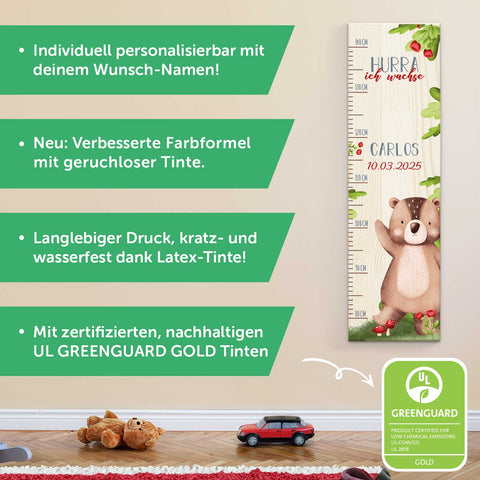 Messlatte für Kinder mit Namen aus Holz für Kinderzimmer - Tiergruppe Wald