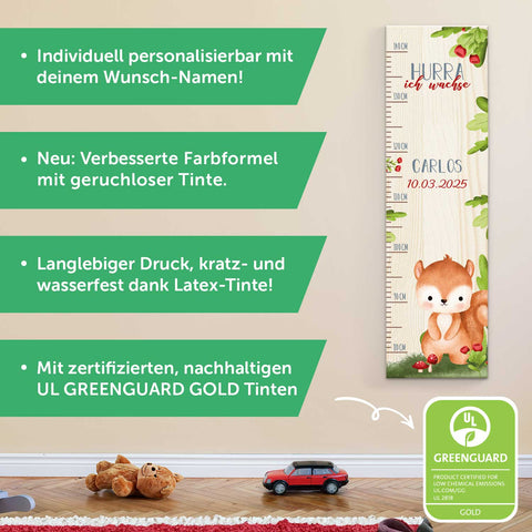 Messlatte für Kinder mit Namen aus Holz für Kinderzimmer - Tiergruppe Wald