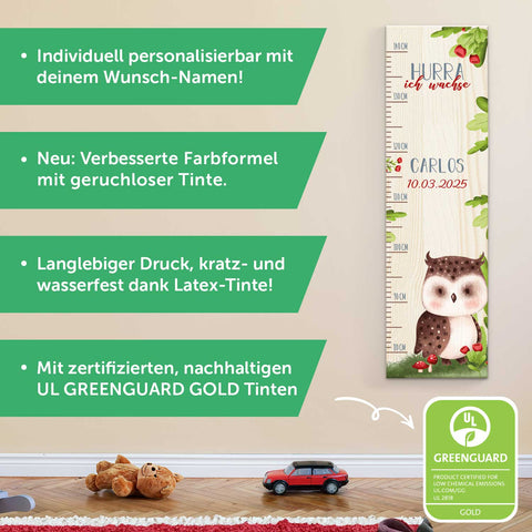 Messlatte für Kinder mit Namen aus Holz für Kinderzimmer - Tiergruppe Wald