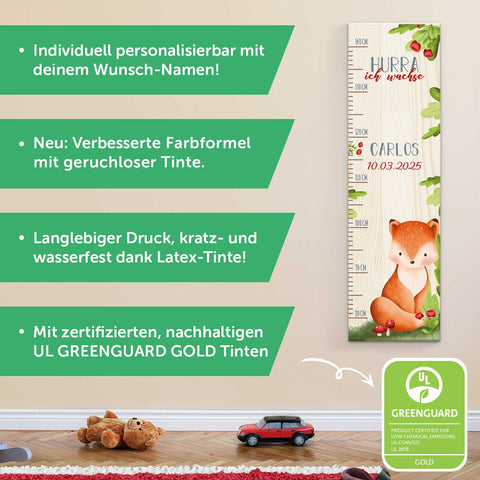 Messlatte für Kinder mit Namen aus Holz für Kinderzimmer - Tiergruppe Wald