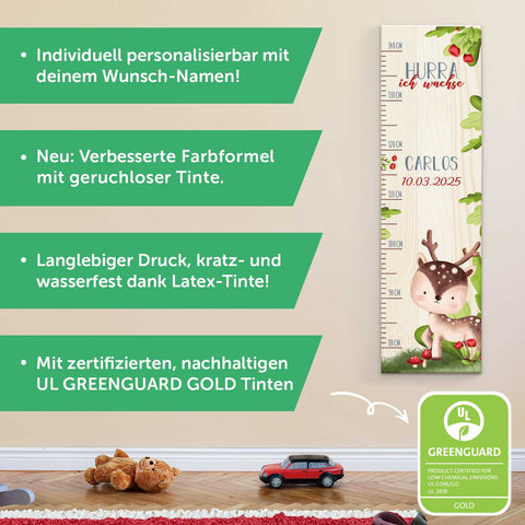 Messlatte für Kinder mit Namen aus Holz für Kinderzimmer - Tiergruppe Wald