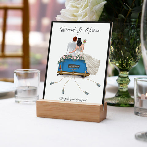 Holzschild Hochzeitsauto - Umfangreich anpassbares Geldgeschenk zur Hochzeit