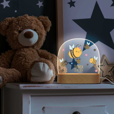 Kinder LED Nachtlicht mit Sockel aus Holz im Biene Design
