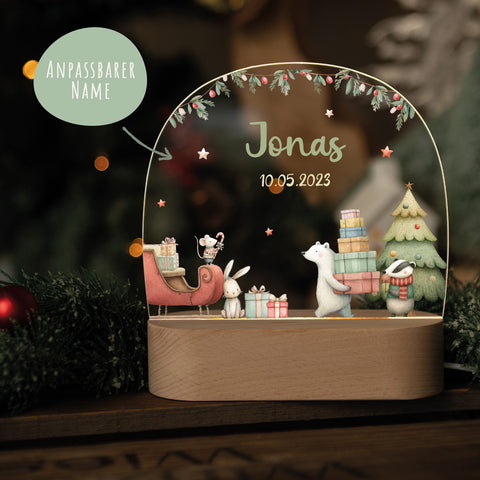 Kinder LED Nachtlicht mit Sockel aus Holz - "Eisbär Schlitten"