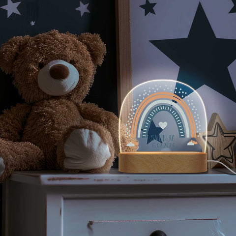 Kinder LED Nachtlicht mit Sockel aus Holz im Regenbogen Design