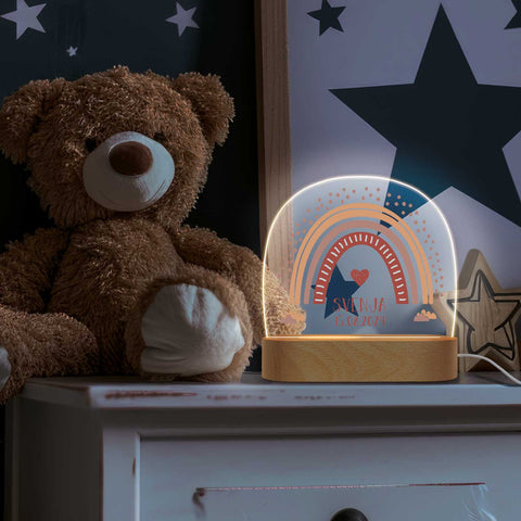 Kinder LED Nachtlicht mit Sockel aus Holz im Regenbogen Design