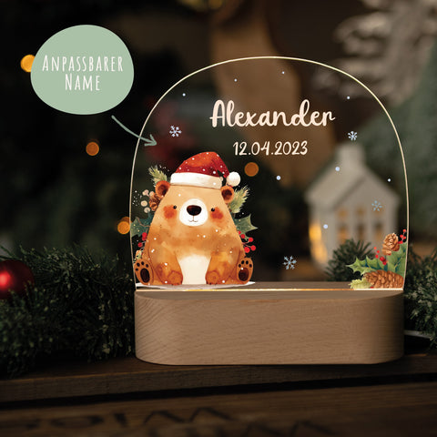 Kinder LED Nachtlicht mit Sockel aus Holz - "Weihnachtstiere"