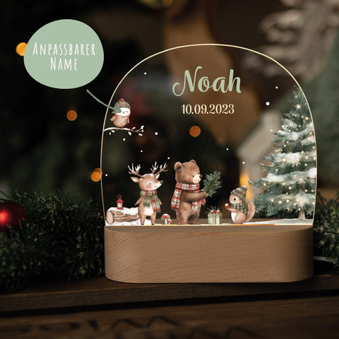 Kinder LED Nachtlicht mit Sockel aus Holz - "Weihnachtswald"