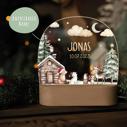 Kinder LED Nachtlicht mit Sockel aus Holz - "Winterhütte"