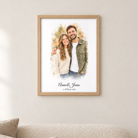 Foto als Aquarell-Poster im Holzrahmen über dem Sofa