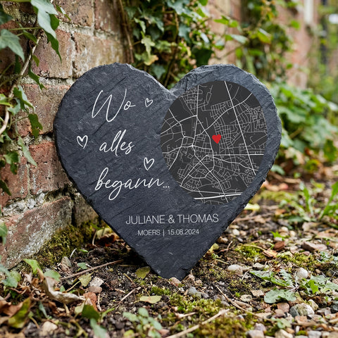 Bedrucktes Schieferherz - Wo alles begann - Personalisiertes Geschenk