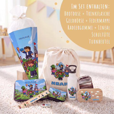 Schulset für Kinder - Blockhelden - Schultüte, Federmappe, Sportbeutel, Geldbörse, Brotdose, Trinkflasche, Lineal & Radiergummi - Personalisiert mit Name