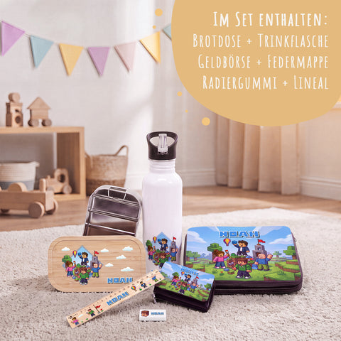 Kleines Schulset für Kinder - Blockhelden - Federmappe, Geldbörse, Brotdose, Trinkflasche, Lineal & Radiergummi - Personalisiert mit Name