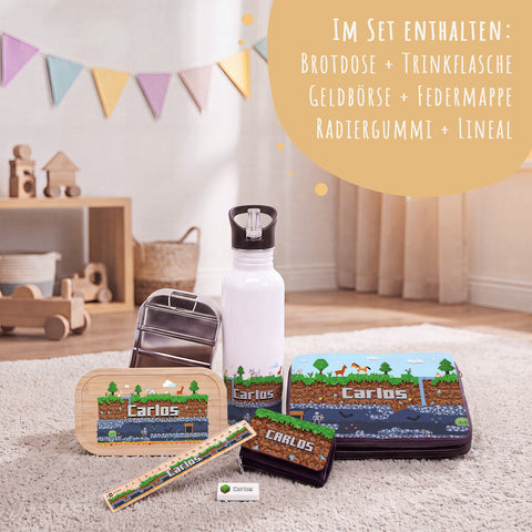 Kleines Schulset für Kinder - Pixelerde - Federmappe, Geldbörse, Brotdose, Trinkflasche, Lineal & Radiergummi - Personalisiert mit Name (Kopie) (Kopie)