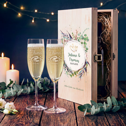 Leonardo Sektgläser mit Gravur als Set - "Flower Wedding" Design inkl. bedruckter Holzkiste