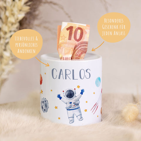 Bedruckte Spardose für Kinder - im Astronaut Design - mit Namen personalisiert