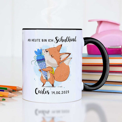 Bedruckte Tasse mit Spruch "Schulkind" - personalisiert mit Name und Datum