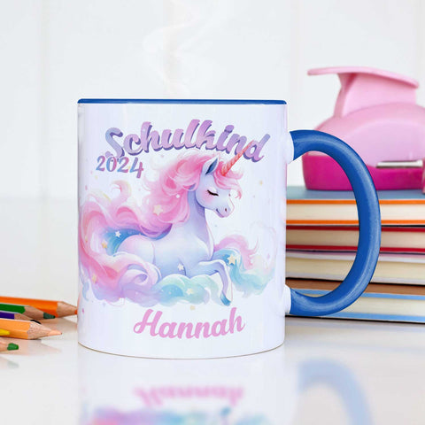Bedruckte Tasse mit Einschulung magisches Einhorn Motiv - personalisiert mit Name