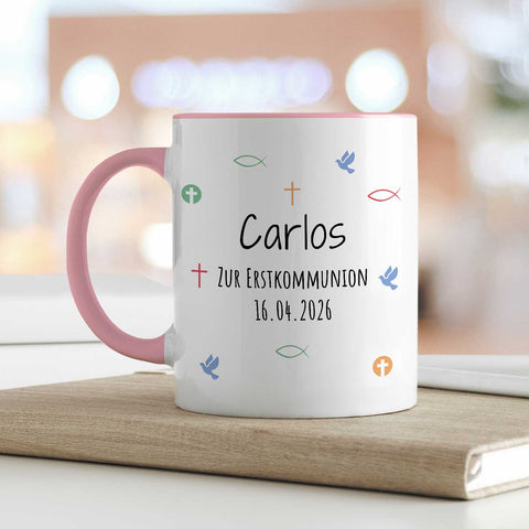 Bedruckte Tasse mit Motiv - Zur Erstkommunion & Konfirmation - Personalisiert mit Name & Datum