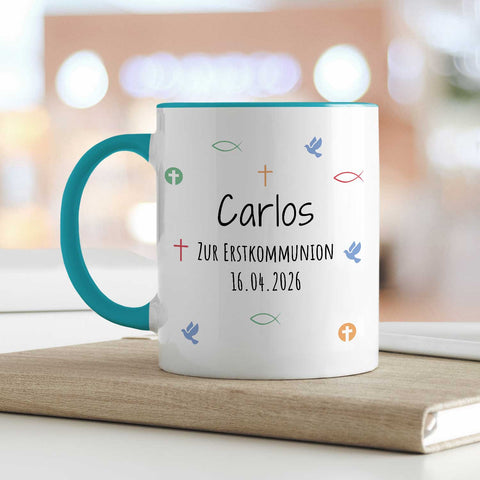 Bedruckte Tasse mit Motiv - Zur Erstkommunion & Konfirmation - Personalisiert mit Name & Datum